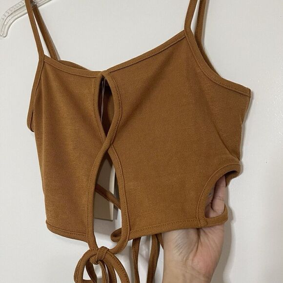 NEW! MESHKI ribbed tan brown ayesha cutout singlet tank top size medium - Picture 2 of 7